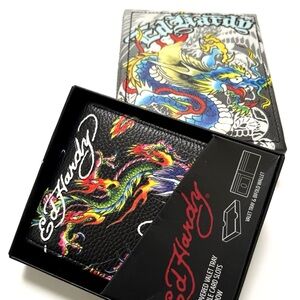 Ed Hardy Dragon Bifold Wallet w Valet Tray NWT Black Tattoo Graphic